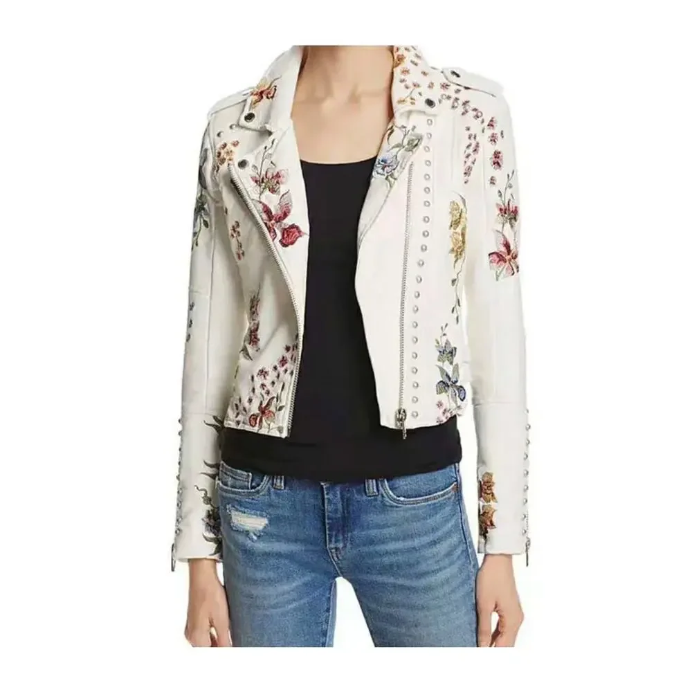 Blank NYC White Embroidered Floral Vegan Leather Moto Jacket Sz Med - Picture 1 of 10